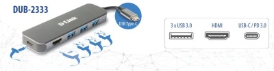 D-Link DUB-2333 5-in-1 USB-C Hub with HDMI and power delivery, 1* USB-C connector, 1* HDMI Port, 3* USB Type- APort (USB 3.0), 1* USB-C powerdelivery. - Img 4