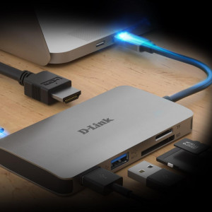 D-Link DUB-M610 6-in-1 USB-C Hub with HDMI, SD/microSD card reader and powerdelivery, DUB-M610,1* USB-C connector with USB cable 11.5 cm, 1* HDMI Port, 2* USB Type-APort (USB 3.0), 1* SD card slot, 1* microSD card slot, 1* USB-C powerdelivery.