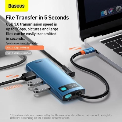 DOCKING Station Baseus Metal Gleam, conectare PC USB Type-C, USB 3.0 x 3, USB Type C x 1 PD 100W 5V / 9V / 14.5V / 20V 5A (Max.), Gigabit RJ-45 x 1, HDMI x 1/4K/30Hz, albastru - Img 10