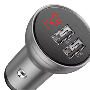 Incarcato auto Baseus Digital Display, 2 x USB Output 5V/4.8A, total output 24W, pt. bricheta auto, afisaj digital, argintiu