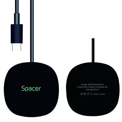 Incarcator wireless Spacer, Quick Charge 15W Qi, conector Type-C, rol de stand prin prindere magnetica, negru - Img 3
