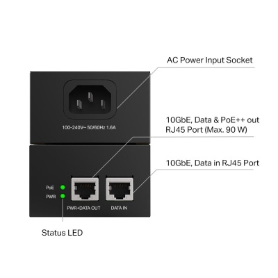 "Omada 10G PoE++ Injector Adapter PORT: 1× 10Gbps PoE Port, 1× 10Gbps Non-PoE Port SPEC: 802.3bt/at/af Compliant, 90 W PoE Power, Data and Power Carried over the same cable, Steel Case" - Img 3
