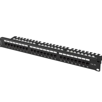 Patch panel 24 porturi 1U 19" Cat.6A UTP cu organizator cabluri, negru