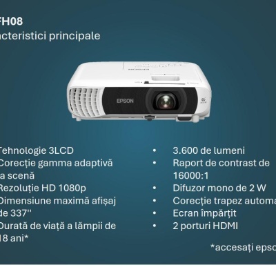 PROJECTOR EPSON EB-FH08, Tehnologie 3LCD, Luminozitate; 3600 Lumeni, Rezolutie: FullHD 1080p, Aspect 16:9, Sursa lumina: Lampa, Durata de viata lampa: 6.000h, 12.000h eco mode, Contrast: 16.000:1, Refresh rate: 192 Hz - 240 Hz, Interfata; USB 2.0 Type B - Img 5