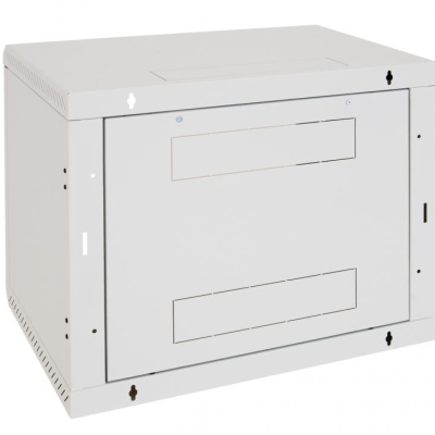 Rack de perete Triton sectiune simpla 6U 500mm adancime usa sticla panouri laterale fixe sectiuni ventilatie activa, sectiuni acces cabluri sus/jos/spate securizare cu cheie, 1 pereche montanti reglabili IP30 gri
