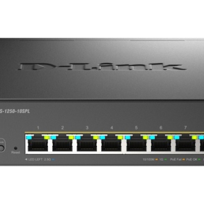 Switch D-Link DMS-1250-10SPL, 8 porturi Gigabit, 2 porturi SFP+, Protocol 802.3bt+802.3af/at, rackabil