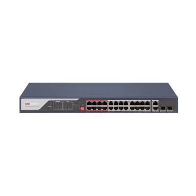 Switch PoE Hikvision DS-3E0326P-E(C): 24 x 10/100Mbps PoE port,2 × Gigabit combo, buget PoE 370 W, tensiune alimentare 100 to 240 V AC, 50/60 Hz, Max. 6.5 A, dimensiuni: 440.00 mm × 44.00 mm × 220.80 mm, greutate: 3.54kg, montare in rack.