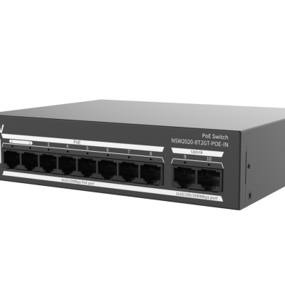 Switch Uniview NSW2020-8T2GT-POE-IN; Porturi:8×100Mbps network ports (RJ45)+2×1000Mbps ports, including 8 PoE ports; Maxim 30 W per port, Buget 120 W; Performanta: Switching capacity 5.6 Gbps, Forwarding 4.17Mpps; Functii: Up to 250m transmission