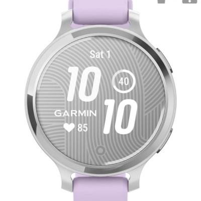 Ceas Garmin Lily 2 Active, display AMOLED, dimensiune afisaj 25,4 mm x 21,3 mm, rezolutie afisaj 240 x 201 pixeli, memorie 8GB, autonomie pana la 9 zile, rezistanta la apa pana la 5 ATM, greutate: 24,4g, ramă Argintiu, şi curea Purple Jasmine din silicon