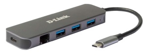 D-Link DUB-2334 5-in-1 USB-C Hub with Gigabit Ethernet and power delivery, 1* USB-C connector, 1* Gigabit Ethernet, 3* USB Type- APort (USB 3.0), 1* USB-C powerdelivery.
