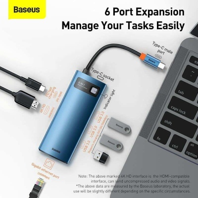 DOCKING Station Baseus Metal Gleam, conectare PC USB Type-C, USB 3.0 x 3, USB Type C x 1 PD 100W 5V / 9V / 14.5V / 20V 5A (Max.), Gigabit RJ-45 x 1, HDMI x 1/4K/30Hz, albastru - Img 11