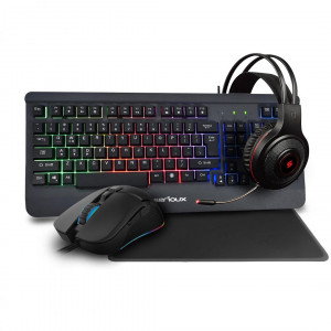 Kit Gaming Serioux Kayel 4 in 1, Tastatura de gaming, 104 taste, 19 taste Anti-ghosting , design slim, iluminare rainbow, structura metalica gri, taste negre + design cu palm rest, cablu USB 1.5M PVC, plug and play; Mouse gaming, senzor Sunplus 199,