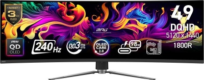 Monitor MSI 49" MPG 491CQPX QD-OLED, Curvature: 1800R, Diagonal (inch): 49, Diagonal (cm): 124, Aspect ratio: 32:9, Panel: QD-OLED, Resolution: 5120x1440, Refresh Rate: 240Hz, Response time GtG: 0.03ms, Brightness (max): 450 cd/m², Contrast (static) :