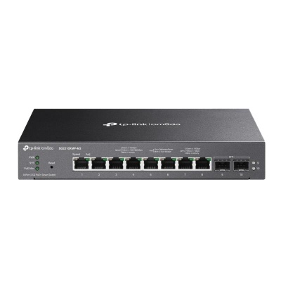 Omada 8-Port 2.5GBASE-T and 2-Port 10GE SFP+ Smart Switch with 8-Port PoE+ PORT: 8× 2.5G PoE+ Ports, 2× 10G SFP+ Slots SPEC: 802.3at/af, 160 W PoE Power, Desktop & Fanless Steel Case FEATURE: Integration with Omada SDN Controller, Static Routing, 802.1Q