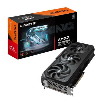 Placă video GIGABYTE GV-R9070XTGAMING OC-16GD, GPU AMD RDNA 4, 16 GB GDDR6 256-bit, PCIe 5.0 x16, frecvență boost OC, ieșiri 3×DisplayPort 2.1 + 1×HDMI 2.1.
