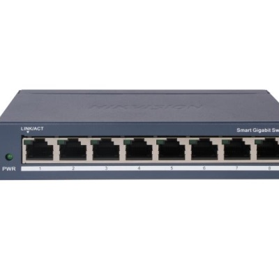 Switch 8 porturi Gigabit Hikvision DS-3E1508-EI(V2), L2, Smart Managed, 8 ×gigabit RJ45 porturi, switching capacity 16 Gbps, network topology management, alarm push, network health monitor, material metal, dimensiuni: 170 mm × 27.6 mm × 93.1 mm,