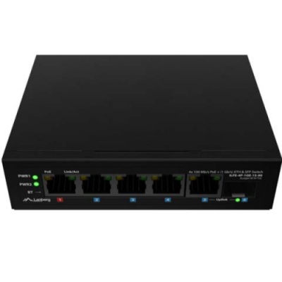 Switch Lanberg ILFE-4P-1GE-1S-90, 1 port 100BASE-T 802.3bt PoE++, 3 porturi 100BASE-T 802.3af/802.3at PoE+, Unmanaged, maxiumum network link speed 100 Mbps, 1000 Mbps, latime de banda 12 Gbps, standar PoE 802.3at, 802.3af, 802.3bt