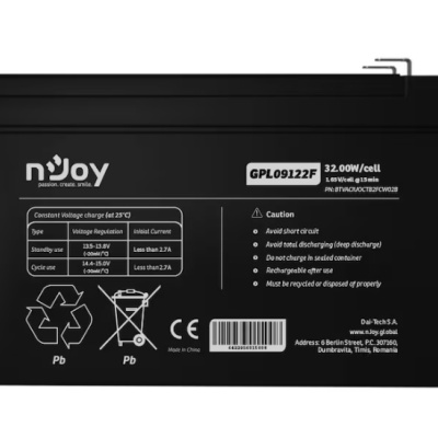 Acumulator nJoy GPL09122F 12V 30.55W/cell, Capacitate 32.00W/cell evaluat la 10V15 min, Tensiune 12V, Tip VRLA - fara mentenanta, Caracteristici: Sigilata complet si fara intretinere, Pana la 500 de cicluri la 100% DOD, Utilizare standard 9 ani,