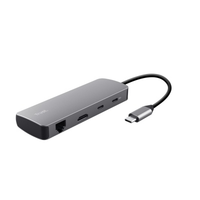 Adaptor Trust Dalyx 8 in 1, USB 3.2 gen 1, 2.0, lungime cablu 15cm, port Ethernet, gri