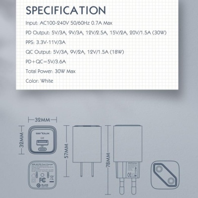 Incarcator retea Serioux 30W Quick Charge, Intrare AC100-240V~ 50/60Hz 0.7A Max, PD Ieșire: 5V-3A, 9V-3A, 12V-2.5A, 15V 2A, 20V=1.5A (30W), QC Ieșire: 5V-3A, 9V-2A, 12V=1.5A (18W), PD+QC=5V=3.6A, Total: 30W Max - Img 14