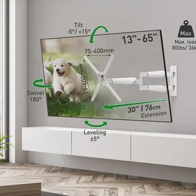 Suport TV de perete Barkan, cu brat 13"- 65", Max 36kg, VESA 400x400, alb