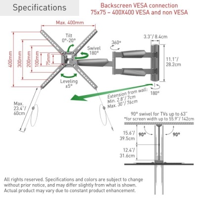 Suport TV perete pentru exterior Barkan 4move OD XLong, pentru display-uri cu diagonala 13"-65", suporta pana la 36kg, cu reglare in 4 axe, VESA 75x75 - 400x400, gri - Img 2