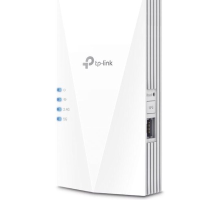 TP-link AX1800 Wi-Fi6 Range Extender, RE600X, Dual-Band, Standarde wireless: IEEE 802.11a/n/ac/ax 5GHz, IEEE 802.11b/g/n/ax 2.4GHz, interfata: 1 x 10/100/1000, Dimensiuni: 78×36×149 mm, 2 x antene interne, viteza wireless: 574 Mbps la 2.4GHz, 1201 Mbps
