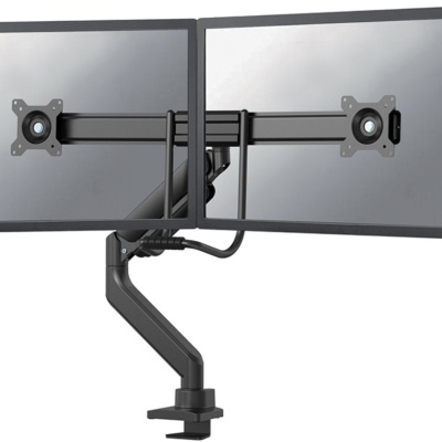 Brat dublu pentru monitor Neomounts, tip full motion, pentru display-uri cu diagonale 17"-32", sistem de prindere VESA 75x75~100x100mm, greutate maxima suportata 8kg per ecran, tilt +10°, -10°, swivel +90°, -90°, rotate +180°, -180°, reglabil pe