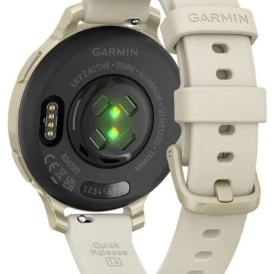Ceas Garmin Lily 2 Active, display AMOLED, dimensiune afisaj 25,4 mm x 21,3 mm, rezolutie afisaj 240 x 201 pixeli, memorie 8GB, autonomie pana la 9 zile, rezistanta la apa pana la 5 ATM, greutate: 24,4g, ramă MLunar Glod şi curea Bone din silicon - Img 2