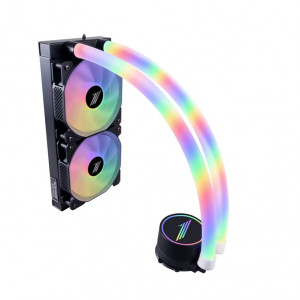 Cooler Procesor 1STPLAYER MOTHRA MT240 INFINITE SPACE ARGB NEGRU, marime radiator 240mm, 2 ventilatoare ARGB, viteza ventilatoare 2500 RPM +/- 10%, Suport AMD: AM4/FM2/FM1/AM3/AM2/FM3, suport INTEL: LGA 1200/1700/2011/2066/1366
