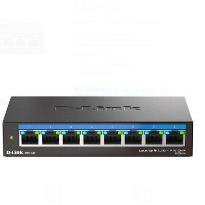 D-LINK DMS-108 UNMANAGED SWITCH 8 PORT, Interfata: 8 x 10/100Mbps/1G/2.5G, Auto MDI/MDIX, Capacitate Switch 40 Gbps, Packet Forwarding Rate: 29.76 Mpps, Dimensiuni: 145 x 82 x 28 mm, Greutate: 343g