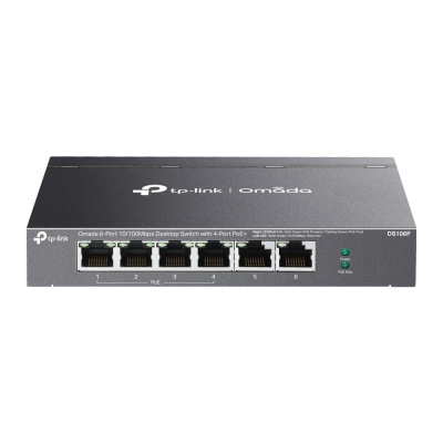 Omada 6-Port 10/100 Mbps Desktop Switch with 4-Port PoE+ PORT: 4× 10/100 Mbps PoE+ Ports, 2× 10/100 Mbps Non-PoE Ports SPEC: 802.3at/af, 67 W PoE Power, Desktop Steel Case FEATURE: Extend Mode for 250m PoE Transmitting, Priority Mode for Port1-2, Plug