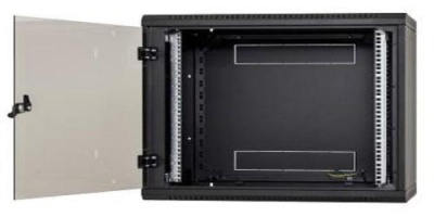 Rack de perete Triton sectiune simpla 6U 500mm adancime usa sticla panouri laterale fixe sectiuni ventilatie activa, sectiuni acces cabluri sus/jos/spate securizare cu cheie, 1 pereche montanti reglabili IP30 negru