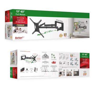 Suport TV plat/curbat de perete cu 2 brate Barkan BM464XL, 13"- 83", Max 50kg, VESA 600x400, negru - Img 9