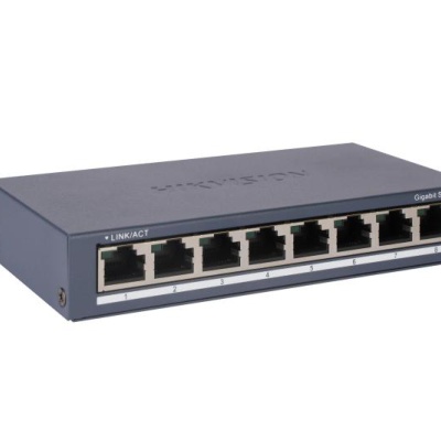 Switch Hikvision DS-3E0508-O: 8 × Gigabit RJ45 port maxim 3W, tensiune alimentare: 5VDC, 0.6A, dimensiuni: 145.00 mm × 25.60 mm × 68.45 mm, greutate: 0.24kg, montare pe birou sau pe perete.
