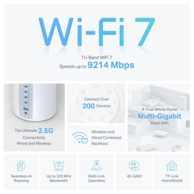 TP-LINK DECO BE65(3-PACK) Sistem Mesh WI-FI 7, BE9300, TRI-BAND, Standarde wireless: IEEE 802.11be/ax 6 GHz, IEEE 802.11be/ax/ac/n/a 5 GHz, IEEE 802.11ax/n/b/g 2.4 GHz, Viteze wireless: BE9300 6 GHz: 5760 Mbps (802.11be), 5 GHz: 2880 Mbps (802.11be), 2.4 - Img 4