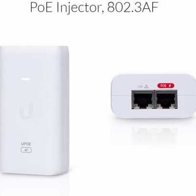 Ubiquiti POE External Injector, U-POE-AF, Output Voltage 48VDC @ 0.32A, Rated Voltage: 100-240VAC @ 50/60Hz, Efficiency 84.25%, Delivers up to 50W of PoE.