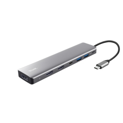 Adaptor Trust Dalyx 7-in-1, 2 porturi interfata USB-A 3.2 gen 1, 1 port USB-C, 2 porturi HDMI, 1 display port, 1 charging port USB-C 100W, led indicator oprit/pornit, lungime cablu 16cm, gri