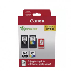 Canon pachet cartuse cearneala PG-560/CL561 PHOTO VALUE PACK, capacitate negru: 180 pagini/8.3ml, Color: 180 pagini / 7.5ml, Compatibil cu: PIXMA TS5253, PIXMA TS5350, PIXMA TS5351, PIXMA TS5352, Bonus 50 coli hartie foto 10 x 15cm.
