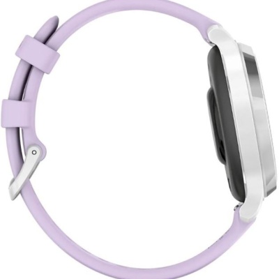 Ceas Garmin Lily 2 Active, display AMOLED, dimensiune afisaj 25,4 mm x 21,3 mm, rezolutie afisaj 240 x 201 pixeli, memorie 8GB, autonomie pana la 9 zile, rezistanta la apa pana la 5 ATM, greutate: 24,4g, ramă Argintiu, şi curea Purple Jasmine din silicon - Img 2