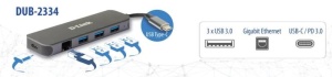 D-Link DUB-2334 5-in-1 USB-C Hub with Gigabit Ethernet and power delivery, 1* USB-C connector, 1* Gigabit Ethernet, 3* USB Type- APort (USB 3.0), 1* USB-C powerdelivery. - Img 4