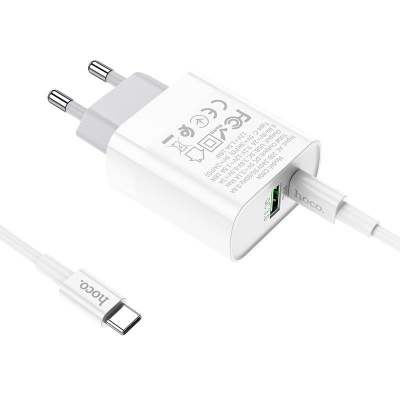 Incarcator alimentator smartphone HOCO C80A, cablu USB-C la USB-C inclus, 20W, alb - Img 2