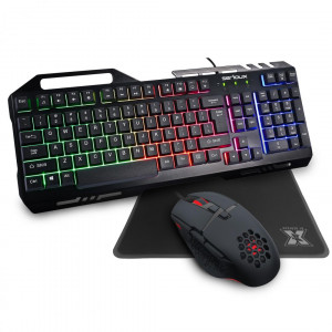 Kit Gaming Serioux Tobis 3 in 1, Tastatura de gaming, 104 taste, 7 taste Anti-ghosting, design slim, iluminare rainbow, structura metalica + taste negre, suport telefon, cablu USB 1.5M PVC, plug and play; Mouse gaming, senzor Sunplus 192, 1000-6400 DPI,