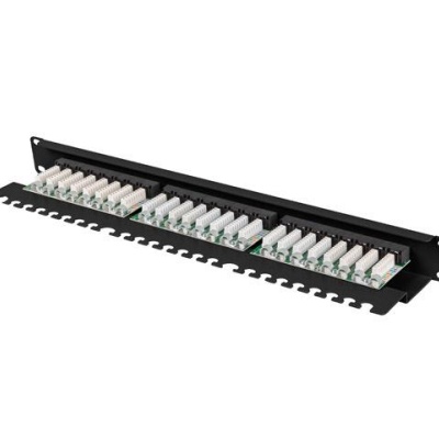 Patch panel 24 porturi 1U 19" Cat.6 UTP cu organizator cabluri, negru