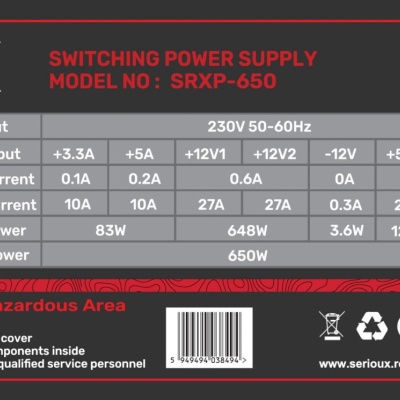 Sursa Serioux Energy 650W, 80+ BRONZE, Ventilator 12cm, ATX, material metal, cabluri: 20+4-pin, 1x4+4-pin, 2x6+2-pin, negru - Img 2