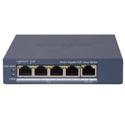 Switch PoE Hikvision DS-3E1505P-EI/M, 4 × Gigabit PoE port,1 × Gigabit RJ45 port, Total PoE Power Budget 45W, Support 802.1Q VLAN, capacitate: 10 Gbps, alimentare: 54VDC, 0.92A, dimensiuni: 121.1 mm × 27.6 mm × 83.1 mm, greutate: 0.26kg.