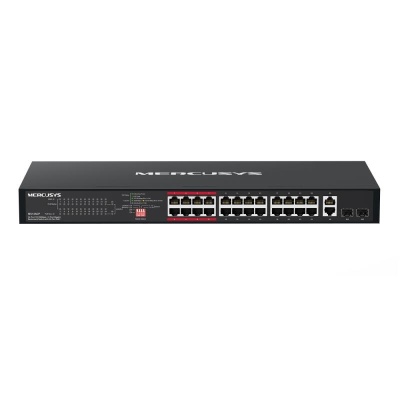 24-Port 10/100Mbps + 2-Port Gigabit Rackmount Switch with 24-Port PoE+ PORT: 24× 10/100Mbps PoE+ Ports, 2× Gigabit Non-PoE Ports, 2× Combo Gigabit SFP Slots SPEC: Compatible with 802.3af/at PDs, 293 W PoE Power, 1U 19-Inch Rackmountable Steel Case