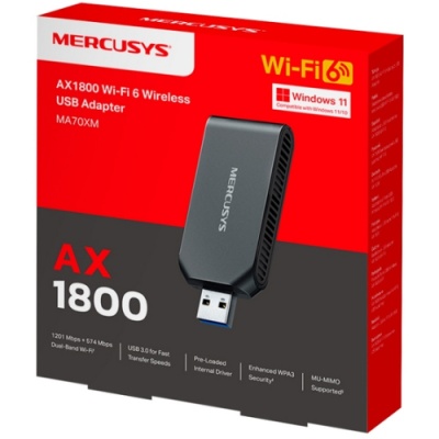 AX1800 Wi-Fi 6 USB Adapter SPEED: 574 Mbps at 2.4 GHz + 1201 Mbps at 5 GHz SPEC: Internal Antenna, USB 3.0 FEATURE: MU-MIMO, OFDMA, Beamforming, WPA3