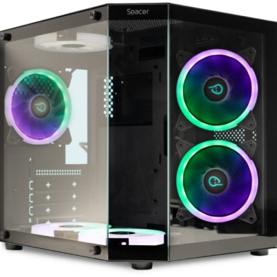 Carcasa Spacer Aquarium, mATX, a sursa, sticla securizata, USB 3.0 x 1, USB Type-C x 1, HD-Audio, Jack 3.5mm x 1, black
