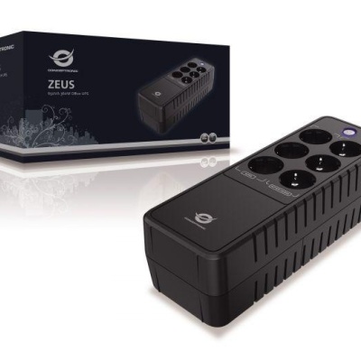 Conceptronic ZEUS05E 650VA 360W UPS, Schuko x 6 (3x surge protection 3x surge protection & battery backup), RJ45 In/Out, AVR, 110 x 309 x 84 mm